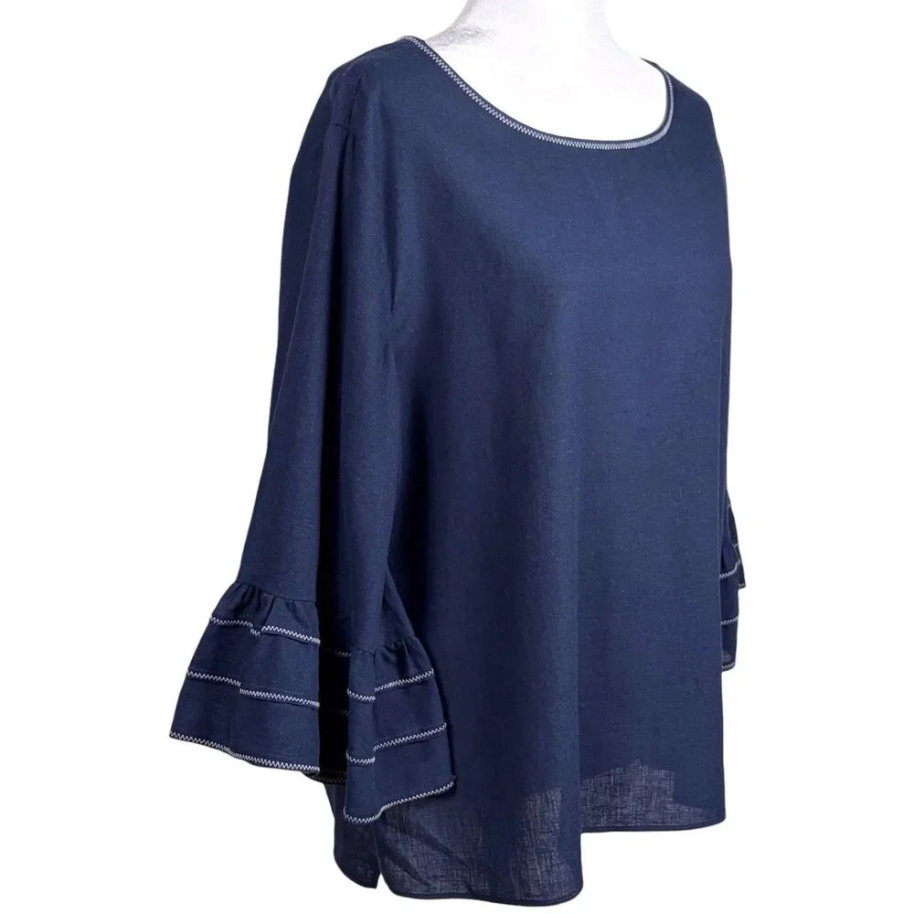 Nic+Zoe Linen Blend Bell Sleeve Blouse Navy Size XL